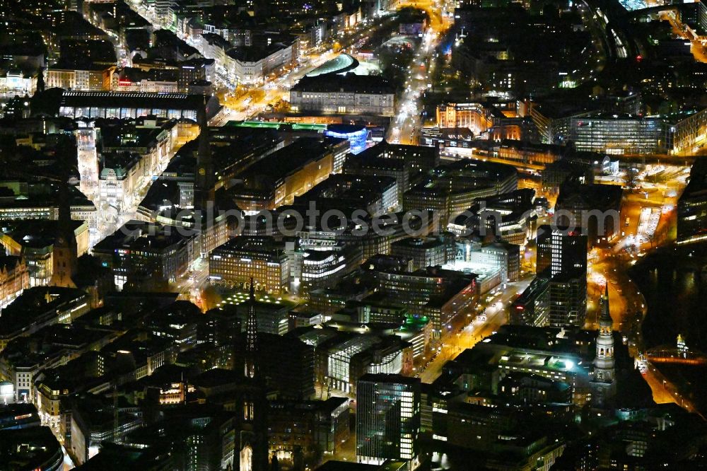 Hamburg at night from the bird perspective: Night lights and illumination City view of the downtown area in the district Altstadt in the district Altstadt in Hamburg, Germany