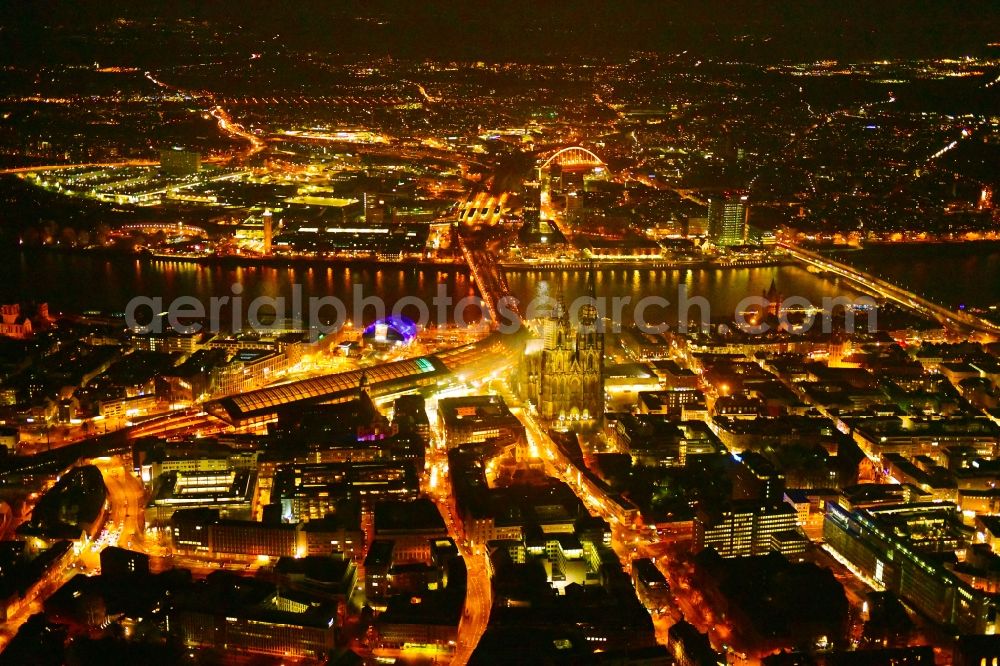 Köln at night from above - Night lighting city view on down town in the district Zentrum in Cologne in the state North Rhine-Westphalia, Germany