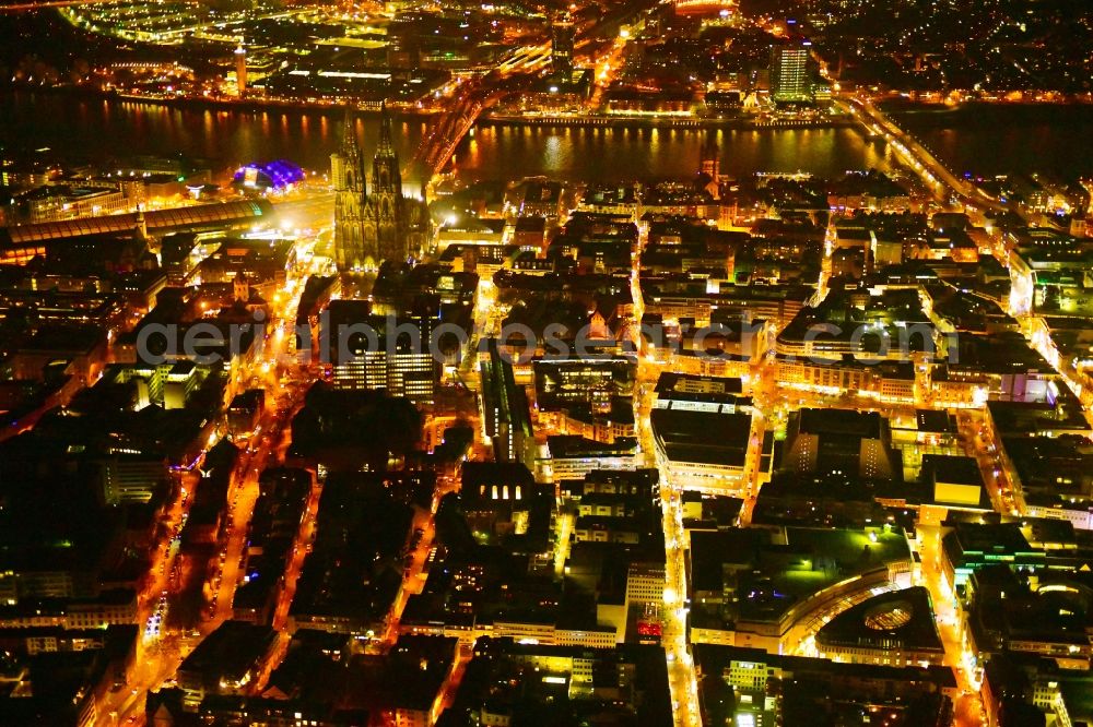 Köln at night from the bird perspective: Night lighting city view on down town in the district Zentrum in Cologne in the state North Rhine-Westphalia, Germany