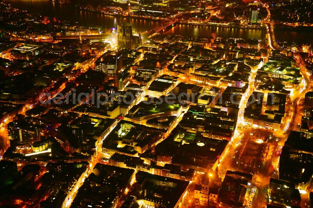 Aerial photograph at night Köln - Night lighting city view on down town in the district Zentrum in Cologne in the state North Rhine-Westphalia, Germany