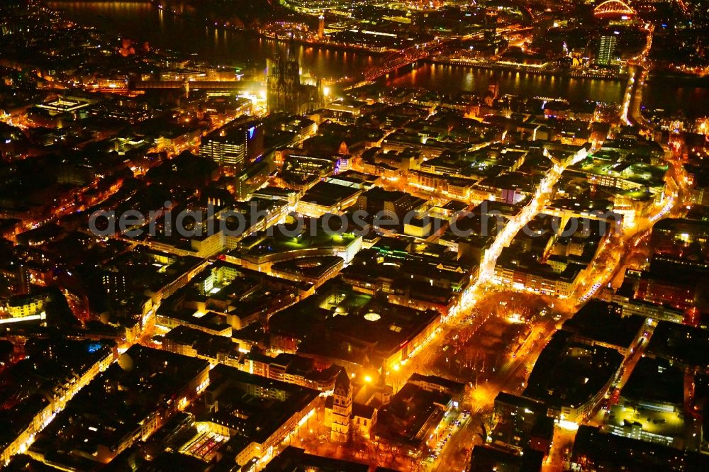 Aerial image at night Köln - Night lighting city view on down town in the district Zentrum in Cologne in the state North Rhine-Westphalia, Germany