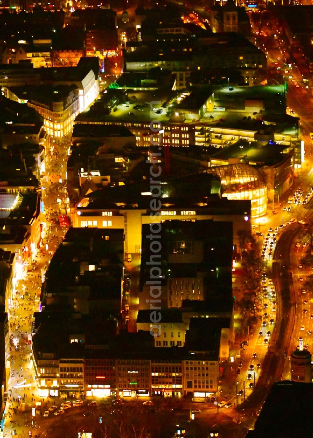 Köln at night from the bird perspective: Night lighting city view on down town Schildergasse - Caecilienstrasse - Neumarkt in the district Neustadt-Sued in Cologne in the state North Rhine-Westphalia, Germany