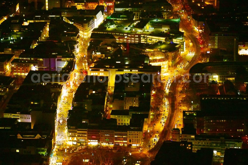 Aerial photograph at night Köln - Night lighting city view on down town Schildergasse - Caecilienstrasse - Neumarkt in the district Neustadt-Sued in Cologne in the state North Rhine-Westphalia, Germany