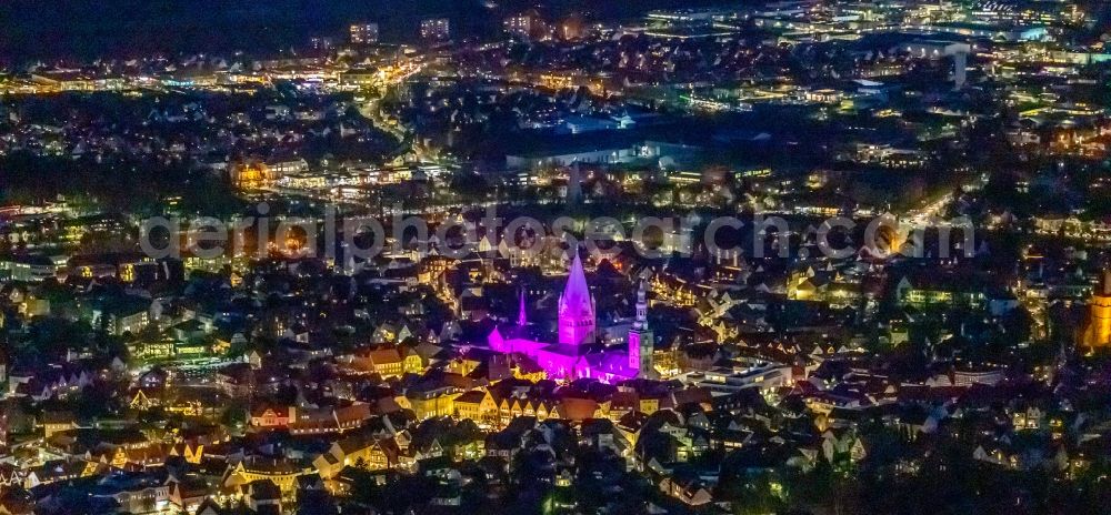 Soest at night from the bird perspective: Night lighting city view on down town in Soest in the state North Rhine-Westphalia, Germany