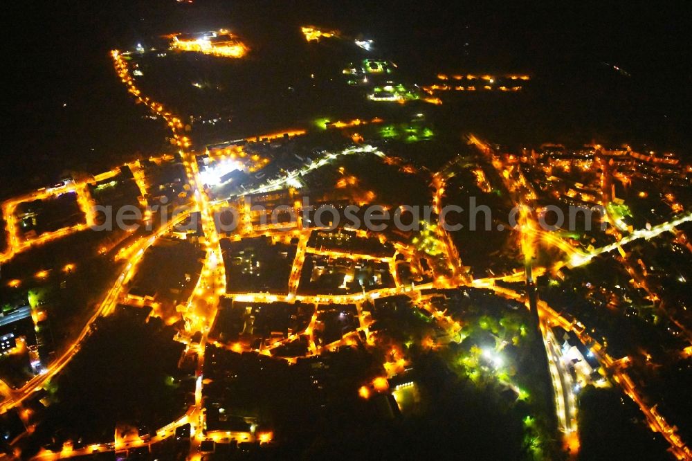 Bad Freienwalde (Oder) at night from above - Night lighting City view of downtown area in Bad Freienwalde (Oder) in the state Brandenburg, Germany