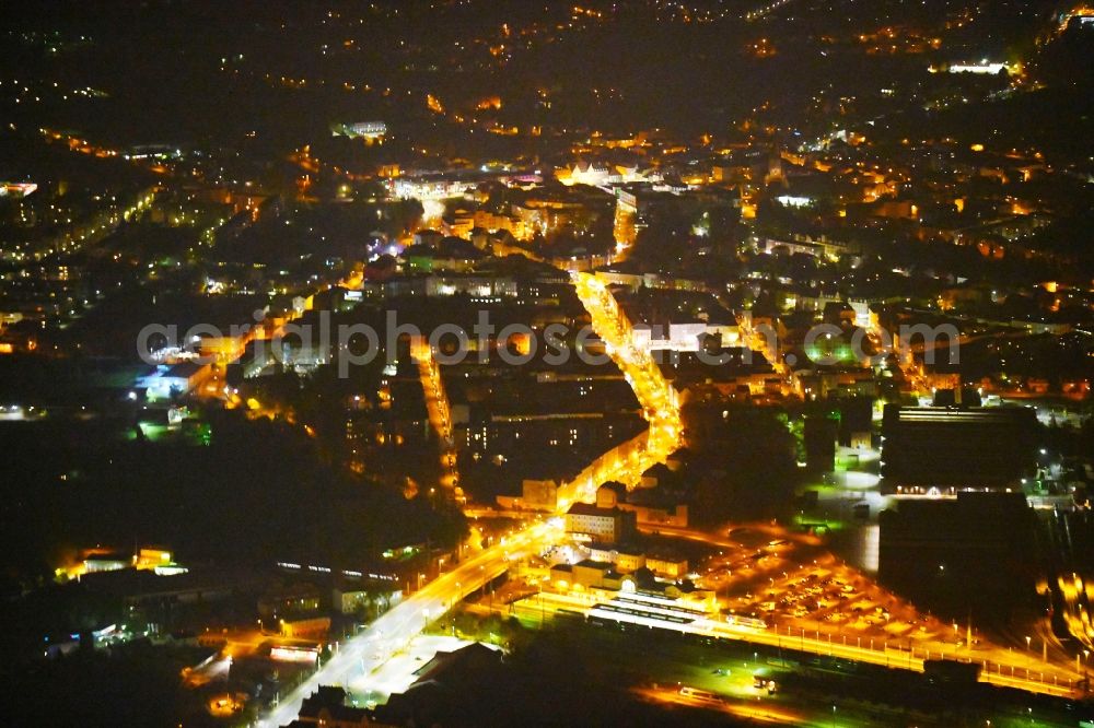 Eberswalde at night from above - Night lighting City view of downtown area along the Bundesstrasse B167 in Eberswalde in the state Brandenburg, Germany