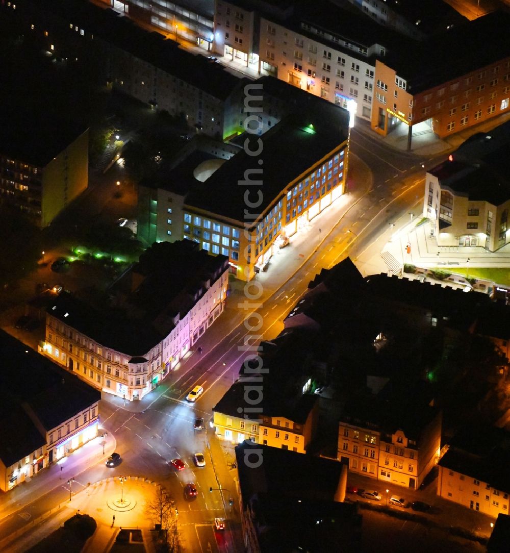 Aerial photograph at night Fürstenwalde/Spree - Night lighting City view of downtown area along the Eisenbahnstrasse in Fuerstenwalde/Spree in the state Brandenburg, Germany