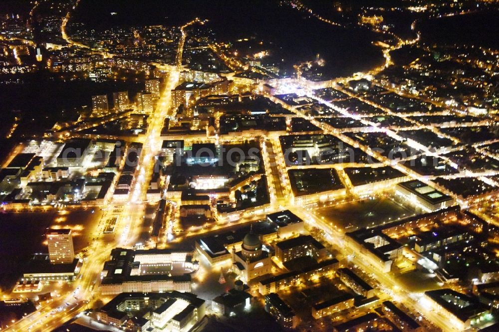 Aerial image at night Potsdam - Night view city view of downtown area Feuerbachstrasse - Breite Strasse - Friedrich-Ebert-Strasse in Potsdam in the state Brandenburg