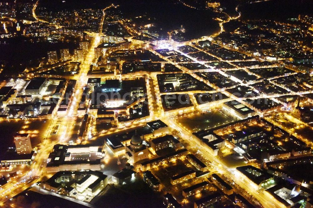 Potsdam at night from above - Night view city view of downtown area Feuerbachstrasse - Breite Strasse - Friedrich-Ebert-Strasse in Potsdam in the state Brandenburg