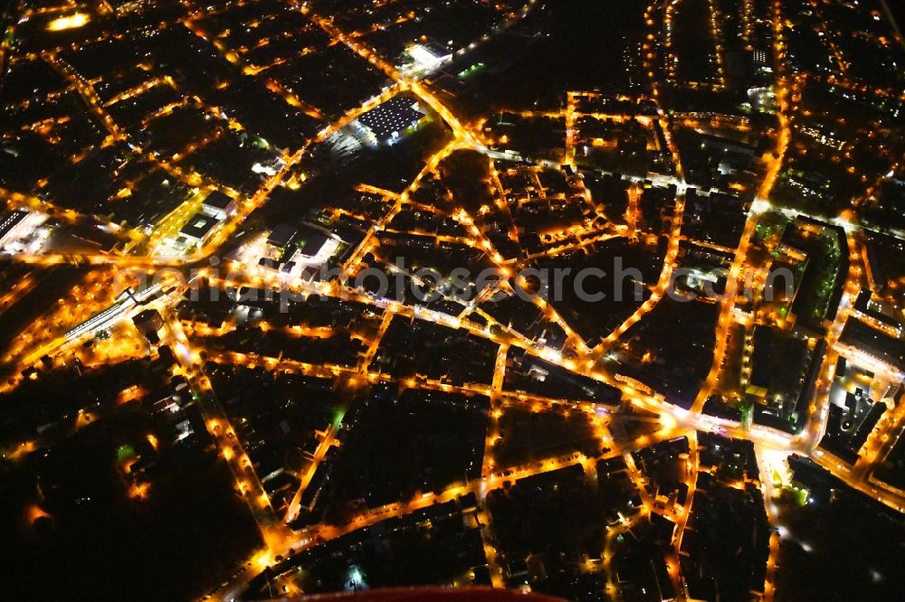 Aerial photograph at night Fürstenwalde/Spree - Night lighting City view of downtown area in Fuerstenwalde/Spree in the state Brandenburg, Germany