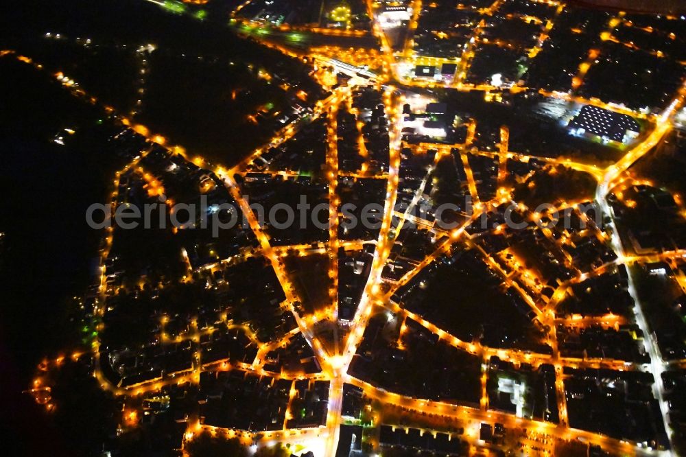 Aerial image at night Fürstenwalde/Spree - Night lighting City view of downtown area in Fuerstenwalde/Spree in the state Brandenburg, Germany