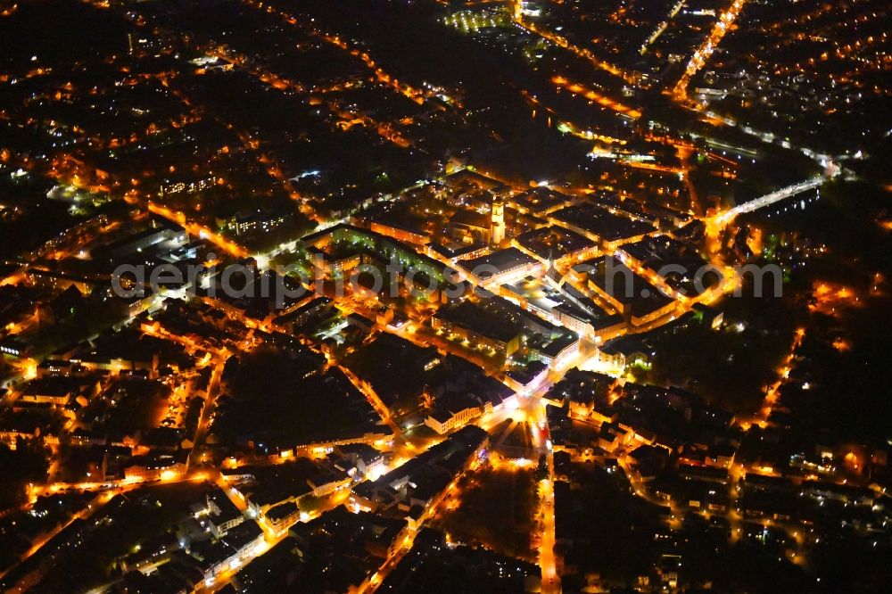 Fürstenwalde/Spree at night from the bird perspective: Night lighting City view of downtown area in Fuerstenwalde/Spree in the state Brandenburg, Germany