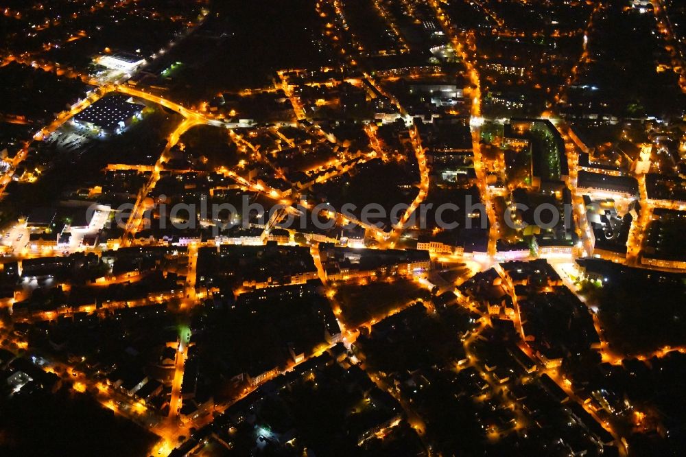 Aerial photograph at night Fürstenwalde/Spree - Night lighting City view of downtown area in Fuerstenwalde/Spree in the state Brandenburg, Germany