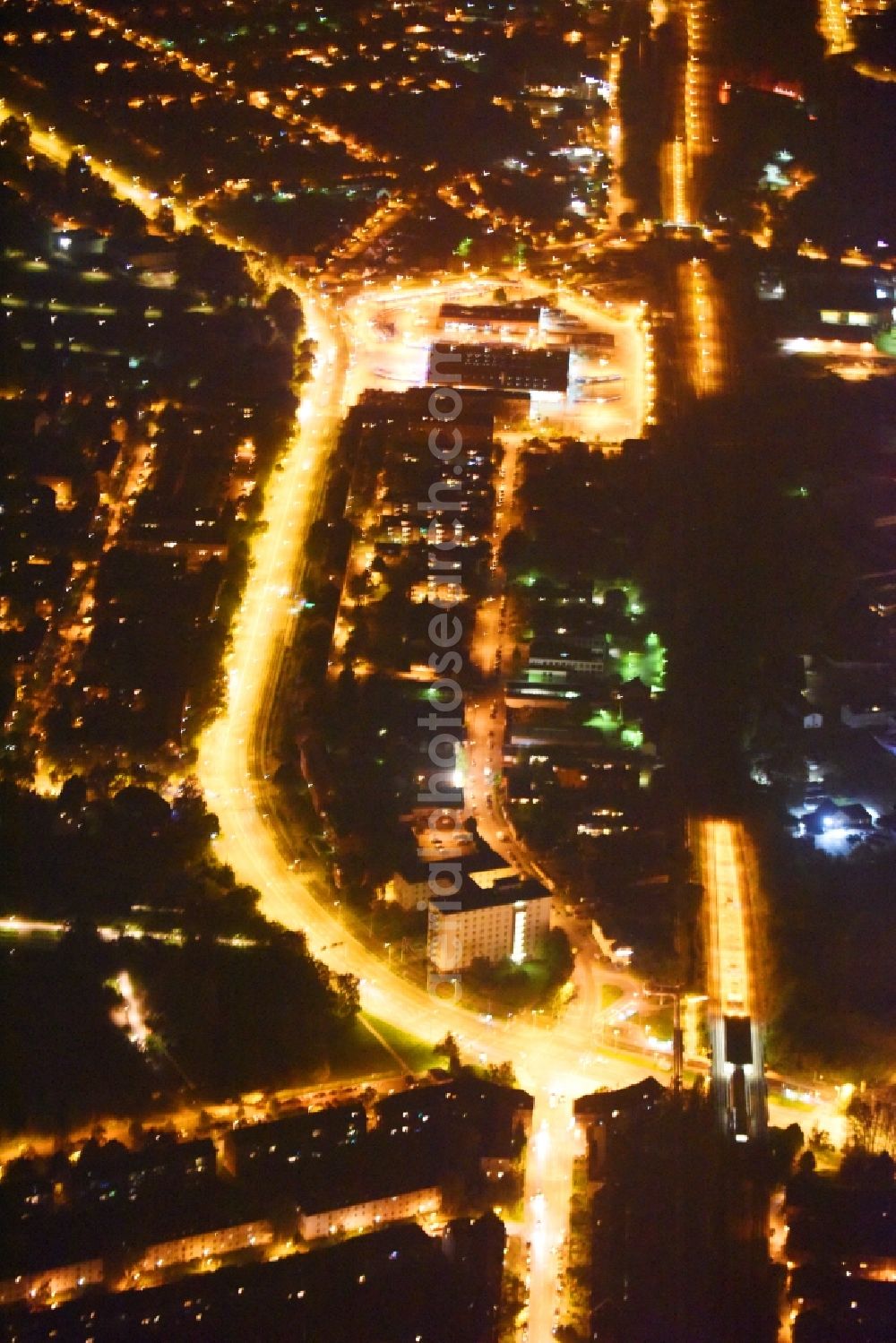 Rostock at night from above - Night lighting City view of downtown area Holbeinplatz - Schweriner Strasse in Rostock in the state Mecklenburg - Western Pomerania, Germany