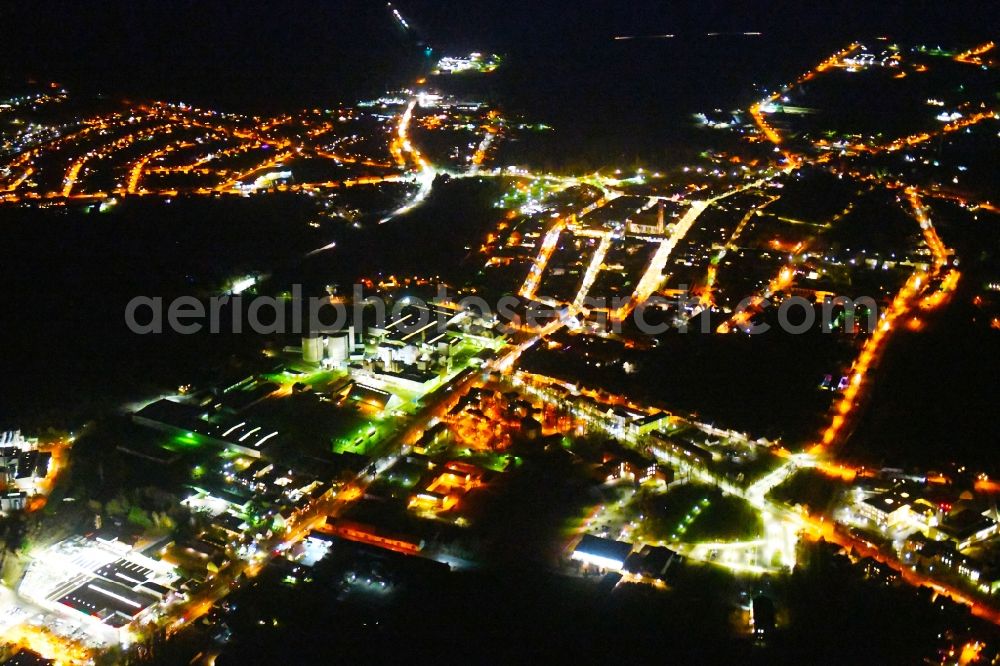 Kyritz at night from the bird perspective: Night lighting City view of downtown area in Kyritz in the state Brandenburg, Germany