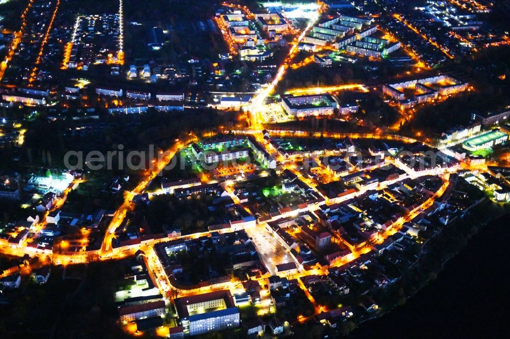 Aerial image at night Strausberg - Night lighting City view of downtown area on Markt along the Grossen Strasse in Strausberg in the state Brandenburg, Germany