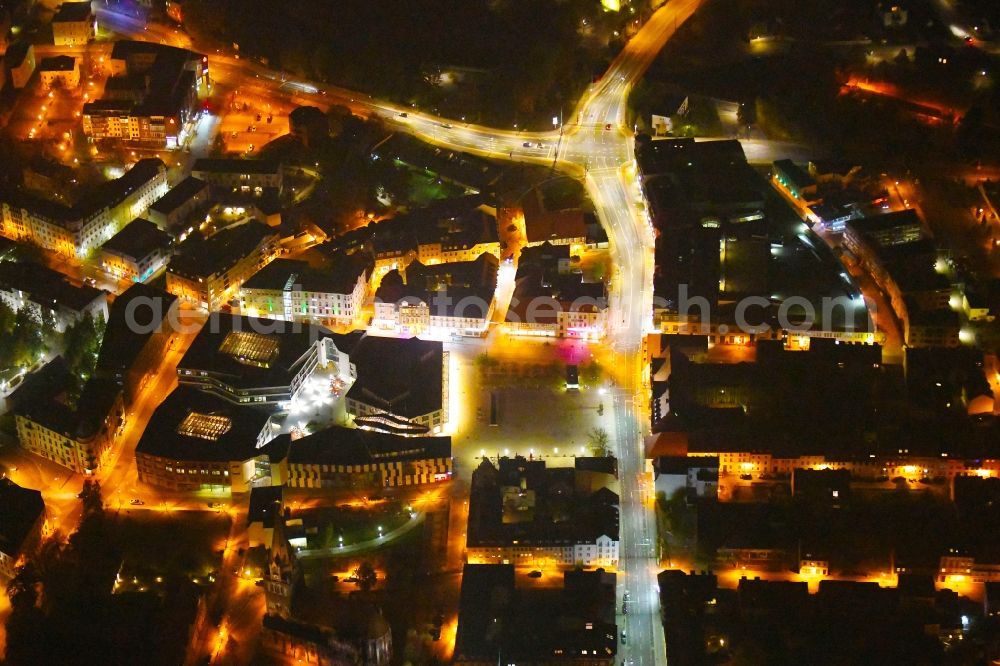 Aerial photograph at night Eberswalde - Night lighting City view of downtown area with dem Paul-Wunderlich-Haus in Eberswalde in the state Brandenburg, Germany