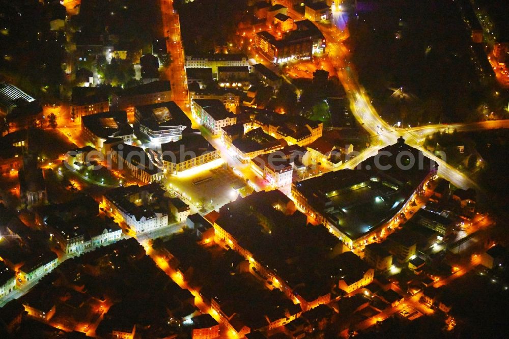 Aerial image at night Eberswalde - Night lighting City view of downtown area with dem Paul-Wunderlich-Haus in Eberswalde in the state Brandenburg, Germany