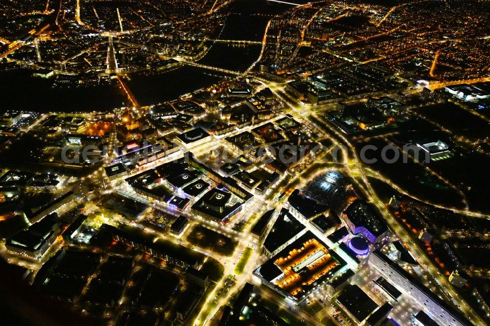 Dresden at night from above - Night lighting City view of downtown area Prager Strasse - Dr-Kuelz-Ring in the district Altstadt in Dresden in the state Saxony, Germany