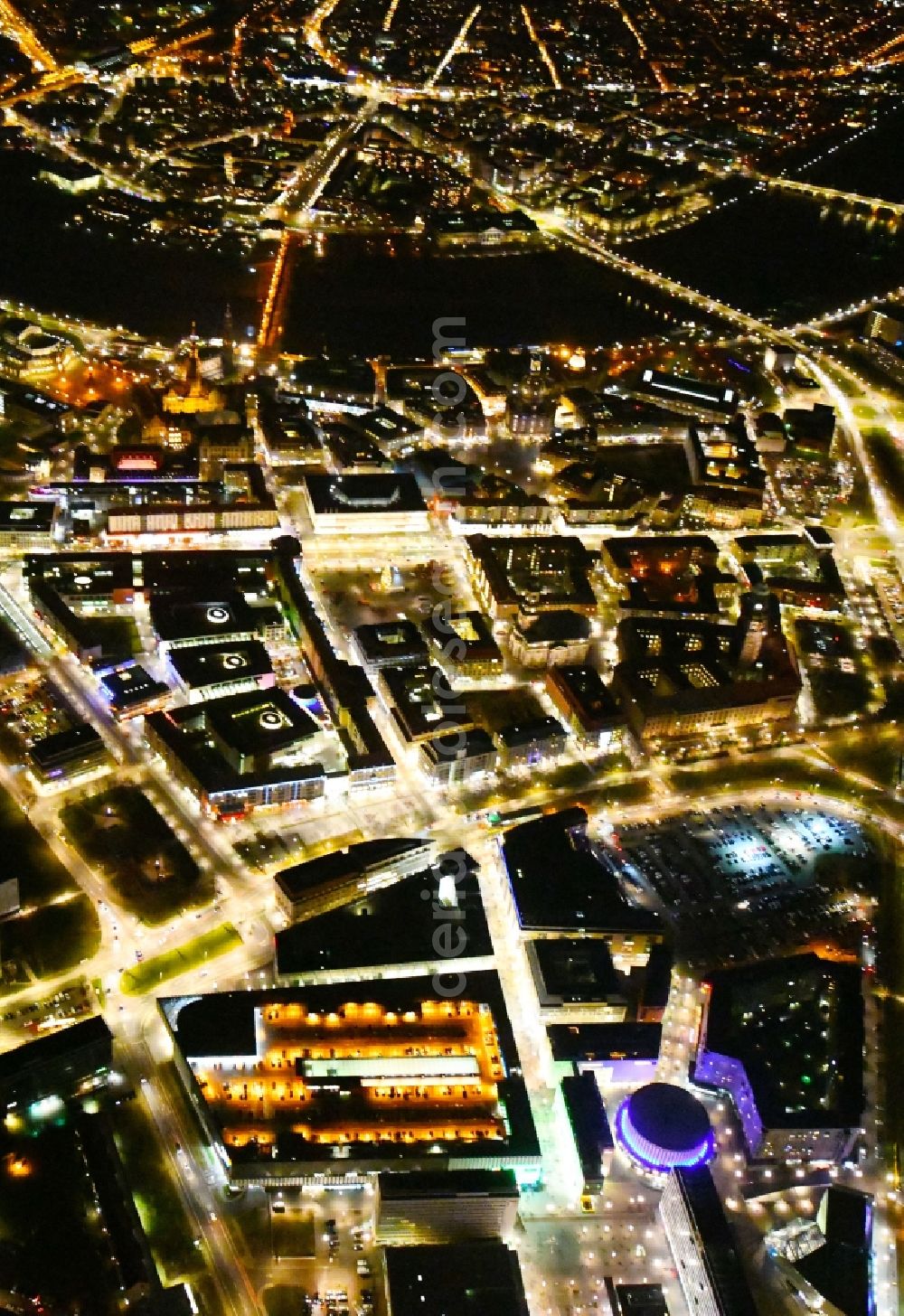 Aerial photograph at night Dresden - Night lighting City view of downtown area Prager Strasse - Dr-Kuelz-Ring in the district Altstadt in Dresden in the state Saxony, Germany