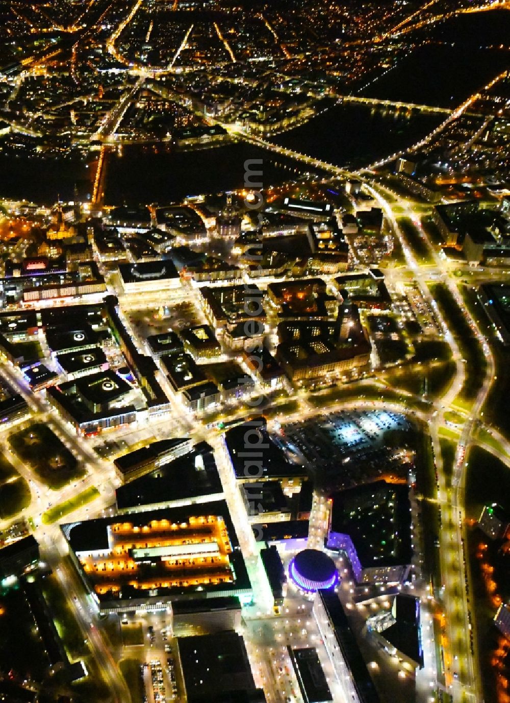 Aerial image at night Dresden - Night lighting City view of downtown area Prager Strasse - Dr-Kuelz-Ring in the district Altstadt in Dresden in the state Saxony, Germany