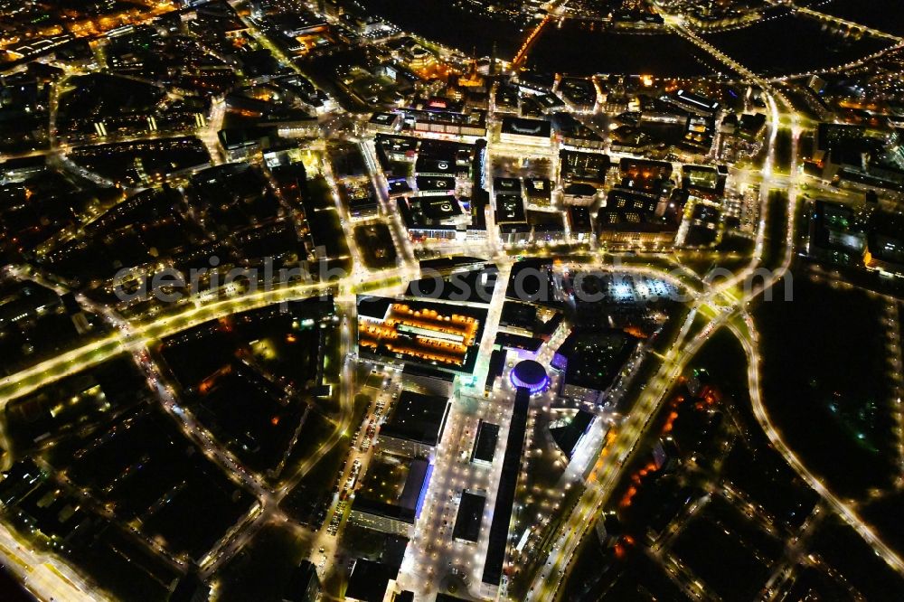 Dresden at night from above - Night lighting City view of downtown area Prager Strasse - Dr-Kuelz-Ring in the district Altstadt in Dresden in the state Saxony, Germany