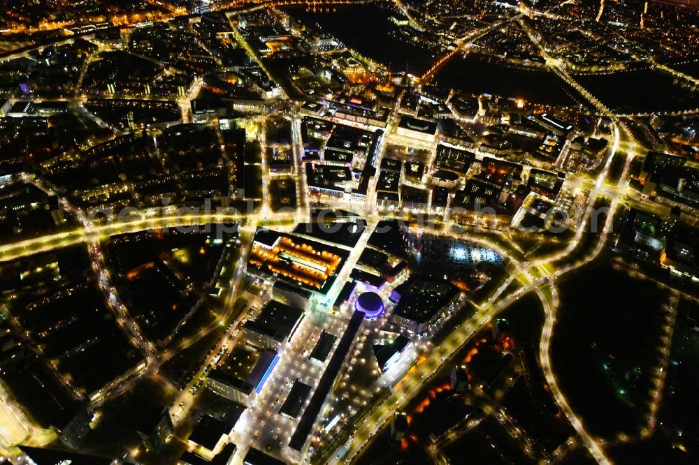 Dresden at night from the bird perspective: Night lighting City view of downtown area Prager Strasse - Dr-Kuelz-Ring in the district Altstadt in Dresden in the state Saxony, Germany