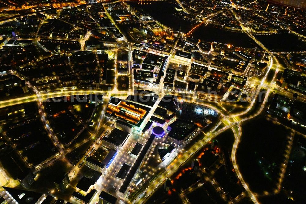 Aerial photograph at night Dresden - Night lighting City view of downtown area Prager Strasse - Dr-Kuelz-Ring in the district Altstadt in Dresden in the state Saxony, Germany