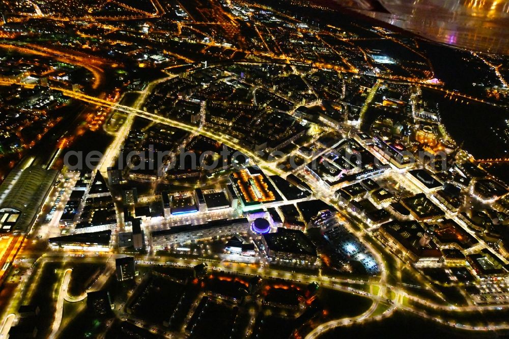 Aerial image at night Dresden - Night lighting City view of downtown area Prager Strasse - Dr-Kuelz-Ring in the district Altstadt in Dresden in the state Saxony, Germany