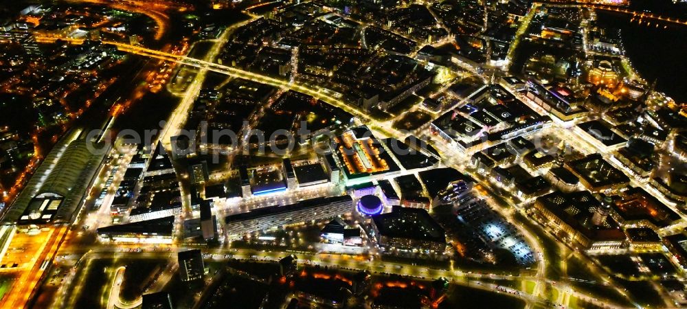 Dresden at night from above - Night lighting City view of downtown area Prager Strasse - Dr-Kuelz-Ring in the district Altstadt in Dresden in the state Saxony, Germany