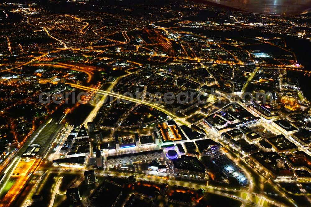 Dresden at night from the bird perspective: Night lighting City view of downtown area Prager Strasse - Dr-Kuelz-Ring in the district Altstadt in Dresden in the state Saxony, Germany