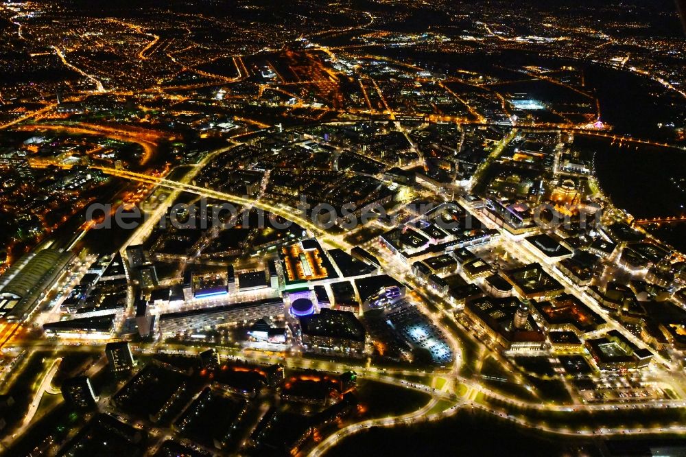 Aerial photograph at night Dresden - Night lighting City view of downtown area Prager Strasse - Dr-Kuelz-Ring in the district Altstadt in Dresden in the state Saxony, Germany