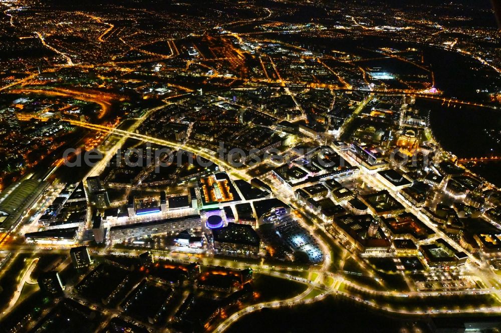 Aerial image at night Dresden - Night lighting City view of downtown area Prager Strasse - Dr-Kuelz-Ring in the district Altstadt in Dresden in the state Saxony, Germany