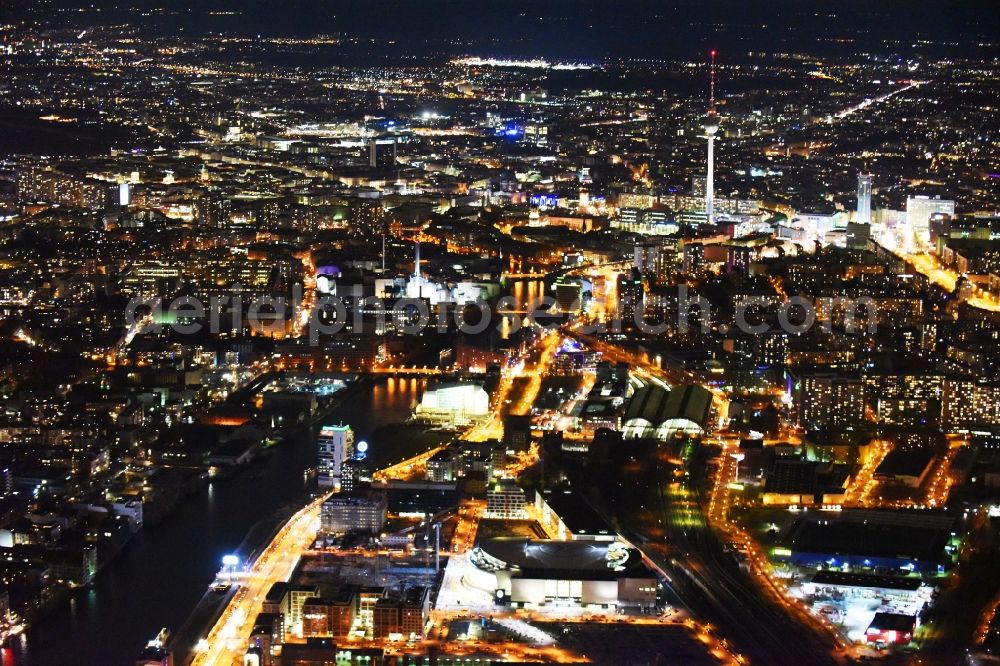 Aerial photograph at night Berlin - Night view city view of downtown area along the Fernsehturm in Berlin