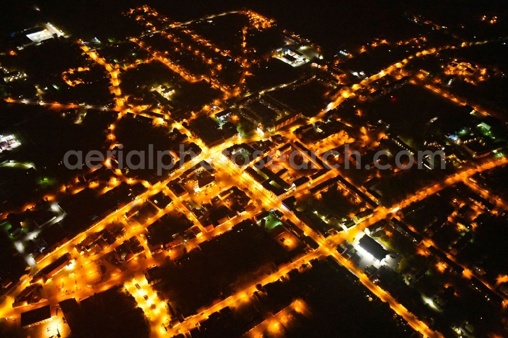 Aerial photograph at night Seelow - Night lighting City view of downtown area in Seelow in the state Brandenburg, Germany