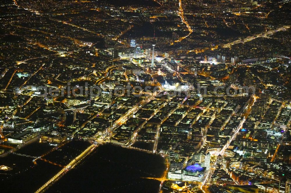 Berlin at night from above - Night lighting City view of downtown area Strasse of 17.Juni in Tiergarten - Brandenburger Tor - Unter den Linden in the district Mitte in Berlin, Germany