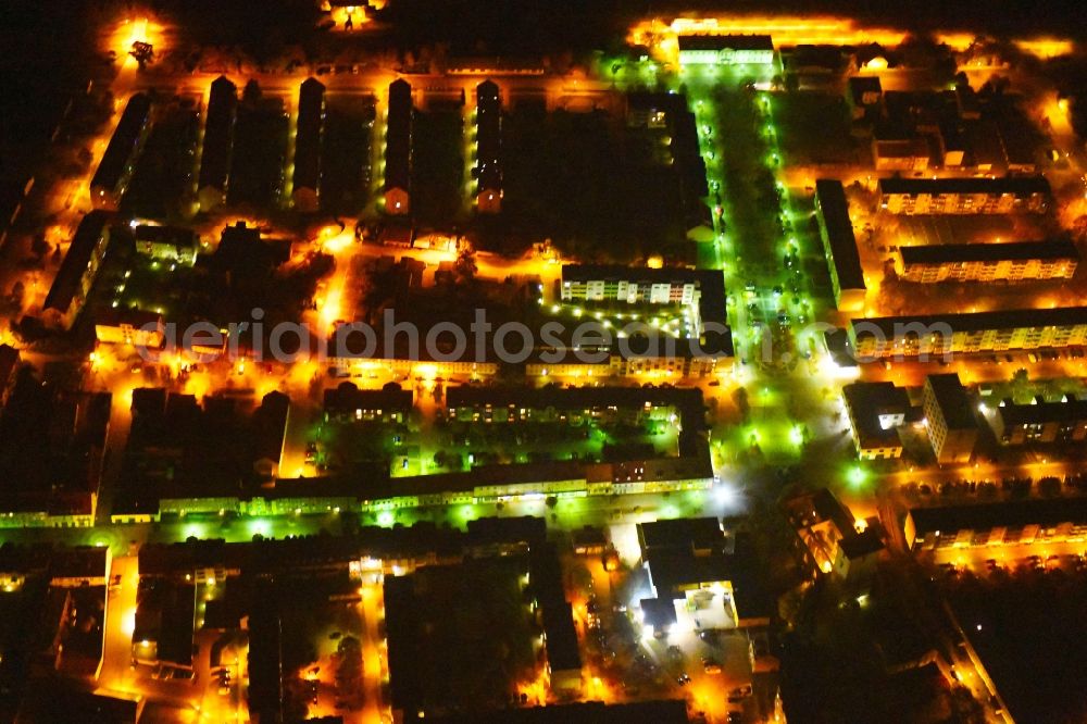 Wriezen at night from the bird perspective: Night lighting City view of downtown area in Wriezen in the state Brandenburg, Germany