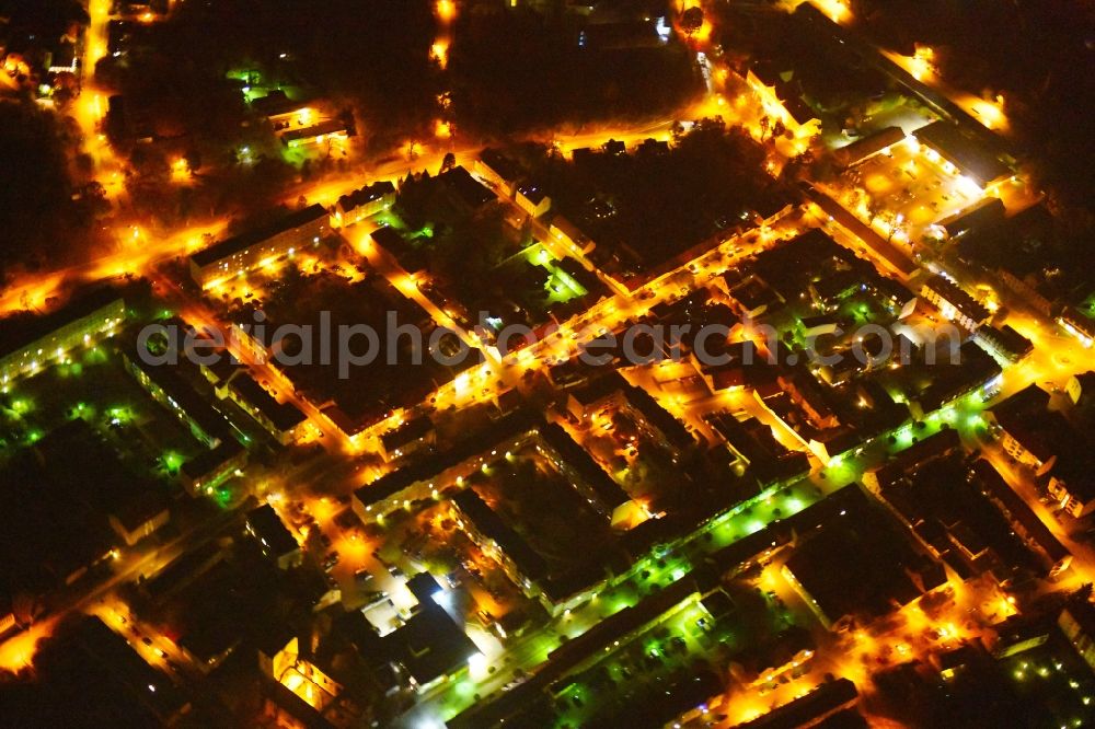 Aerial photograph at night Wriezen - Night lighting City view of downtown area in Wriezen in the state Brandenburg, Germany