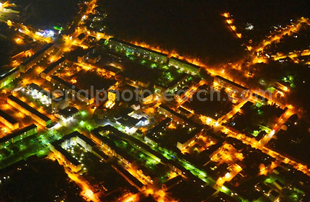 Aerial image at night Wriezen - Night lighting City view of downtown area in Wriezen in the state Brandenburg, Germany