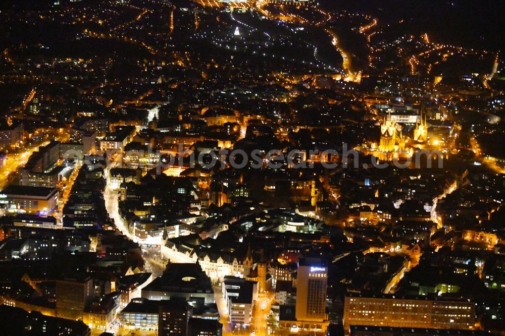 Erfurt at night from above - Night lighting City view of downtown area on Central Station with district Kraempfervorstadt in Erfurt in the state Thuringia, Germany