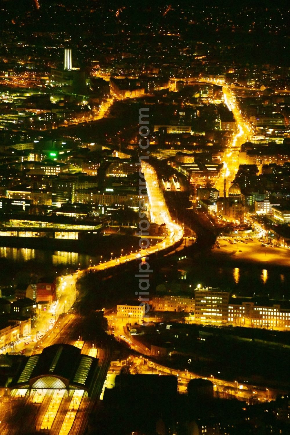 Dresden at night from above - Night lighting district in the city in the district Wilsdruffer Vorstadt in Dresden in the state Saxony, Germany