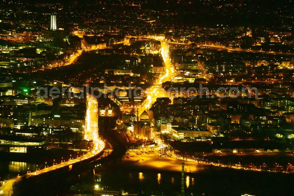 Aerial photograph at night Dresden - Night lighting district in the city in the district Wilsdruffer Vorstadt in Dresden in the state Saxony, Germany