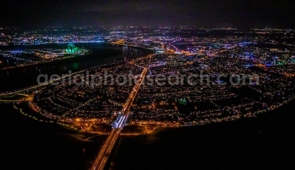 Düsseldorf at night from above - Night lighting district of Oberkassel and Niederkassel at the Oberkasseler Bruecke in the city in Duesseldorf in the state North Rhine-Westphalia, Germany