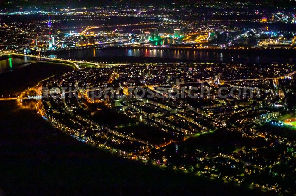 Düsseldorf at night from the bird perspective: Night lighting district of Oberkassel and Niederkassel at the Oberkasseler Bruecke in the city in Duesseldorf in the state North Rhine-Westphalia, Germany