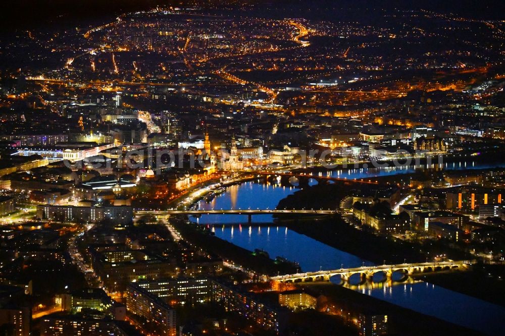 Aerial image at night Dresden - Night lighting City view on the river bank of the River Elbe in Dresden in the state Saxony, Germany