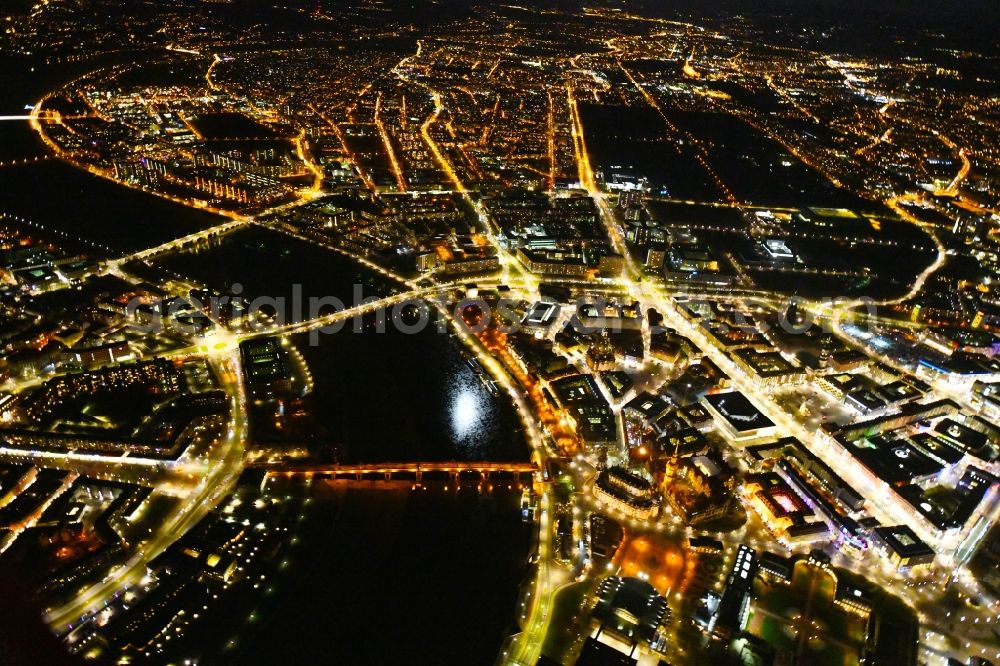 Dresden at night from above - Night lighting City view on the river bank of the River Elbe in the district Altstadt in Dresden in the state Saxony, Germany