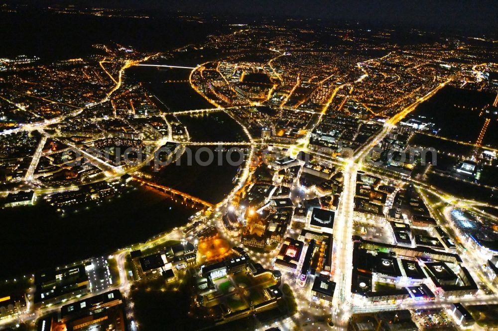 Dresden at night from the bird perspective: Night lighting City view on the river bank of the River Elbe in the district Altstadt in Dresden in the state Saxony, Germany