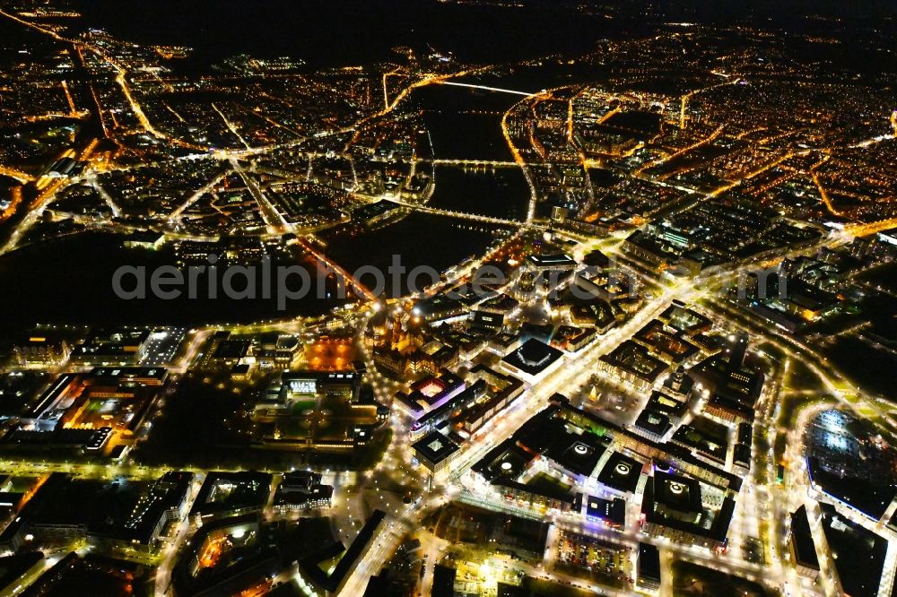 Aerial photograph at night Dresden - Night lighting City view on the river bank of the River Elbe in the district Altstadt in Dresden in the state Saxony, Germany