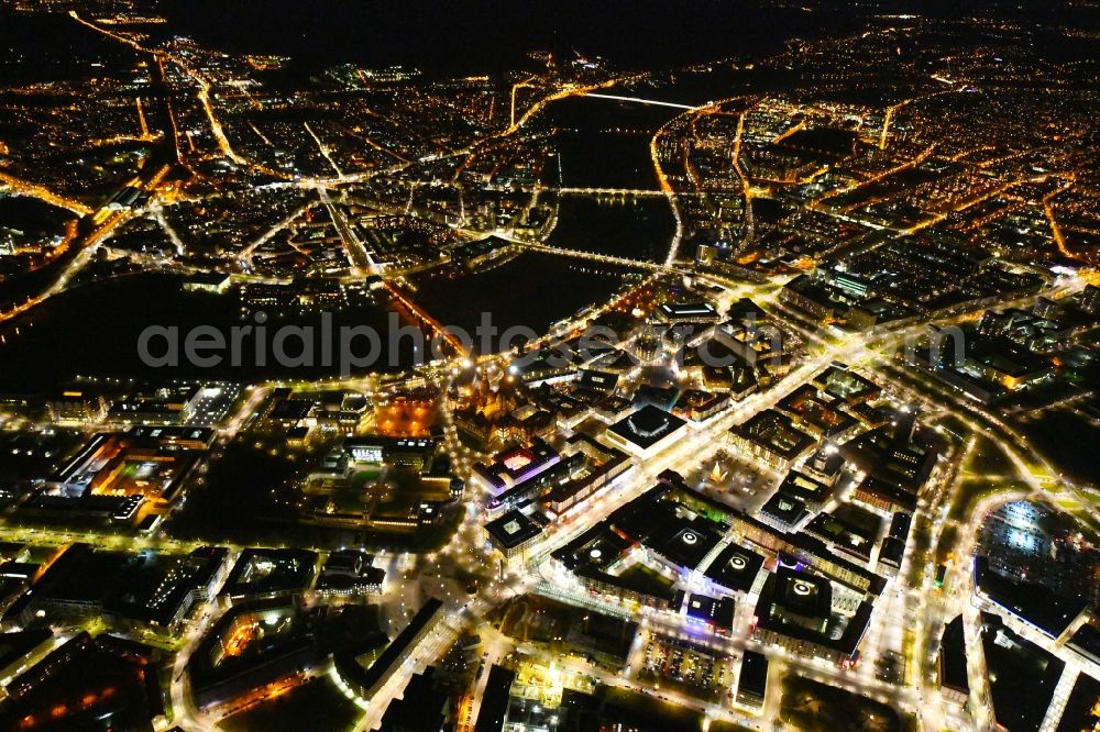 Aerial image at night Dresden - Night lighting City view on the river bank of the River Elbe in the district Altstadt in Dresden in the state Saxony, Germany