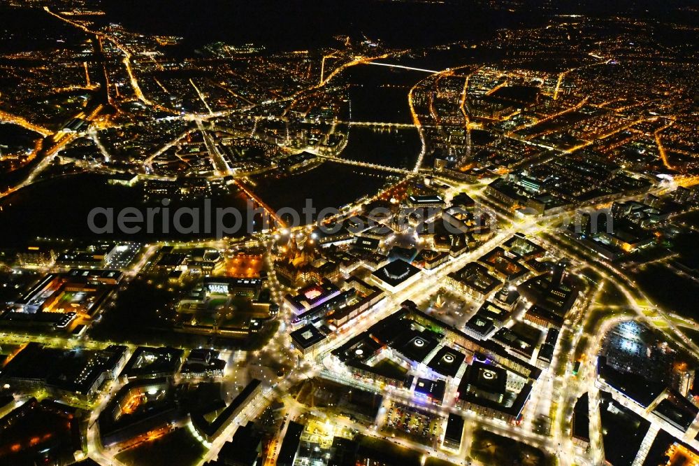 Dresden at night from above - Night lighting City view on the river bank of the River Elbe in the district Altstadt in Dresden in the state Saxony, Germany